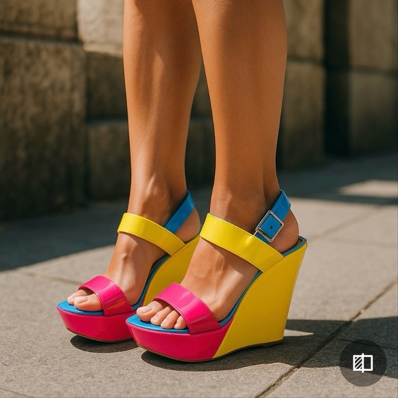 🔥G by Guess Multicolor Pink, Yellow & Blue Wedge Like New 7.5 CUTE! 🌺3xHost Pick - Picture 3 of 11